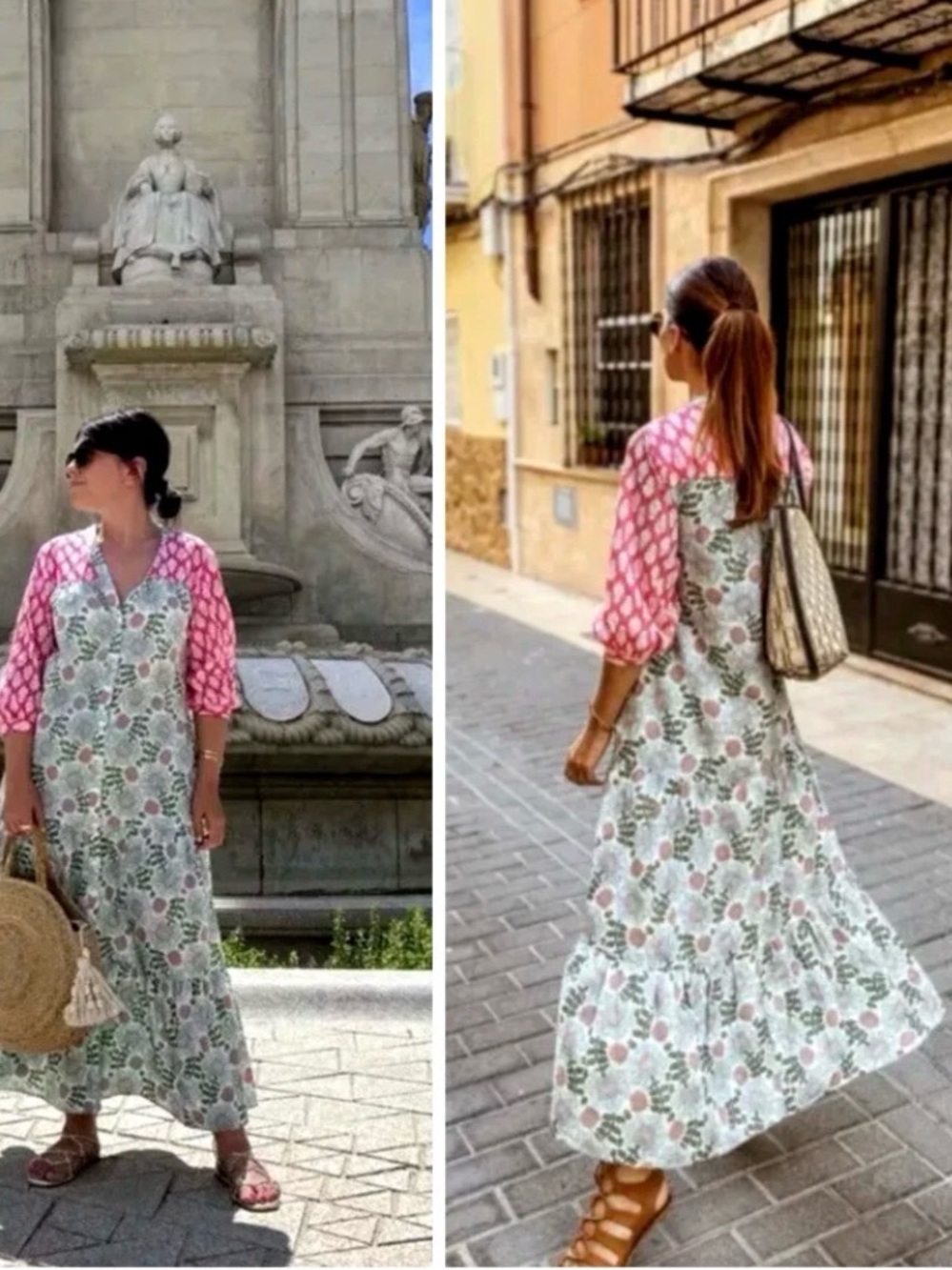 Zara Pink-Sleeve Green Floral Maxi Dress